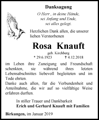 Traueranzeige von Rosa Knauft von Thüringer Allgemeine