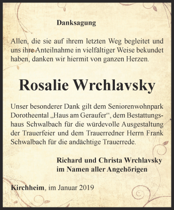 Traueranzeige von Rosalie Wrchlavsky von Thüringer Allgemeine