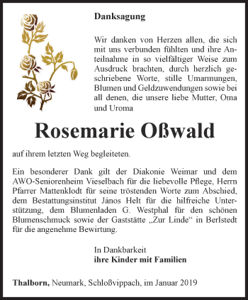 Traueranzeige von Rosemarie Oßwald von Thüringer Allgemeine, Thüringische Landeszeitung