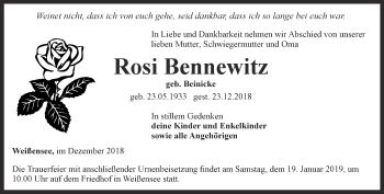 Traueranzeige von Rosi Bennewitz von Thüringer Allgemeine