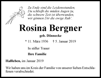 Traueranzeige von Rosina Bergner von Thüringer Allgemeine, Thüringische Landeszeitung