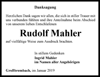 Traueranzeige von Rudolf Mahler von Thüringer Allgemeine