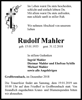 Traueranzeige von Rudolf Mahler von Thüringer Allgemeine