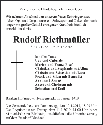 Traueranzeige von Rudolf Riethmüller von Thüringer Allgemeine