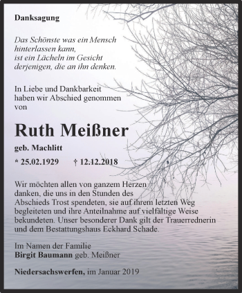 Traueranzeige von Ruth Meißner von Thüringer Allgemeine
