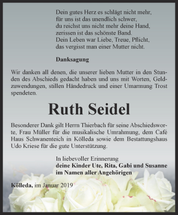 Traueranzeige von Ruth Seidel von Thüringer Allgemeine