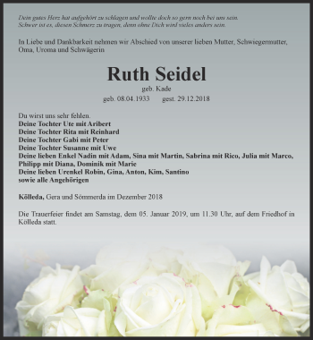 Traueranzeige von Ruth Seidel von Thüringer Allgemeine