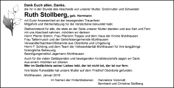 Traueranzeige von Ruth Stollberg von Thüringer Allgemeine, Thüringische Landeszeitung