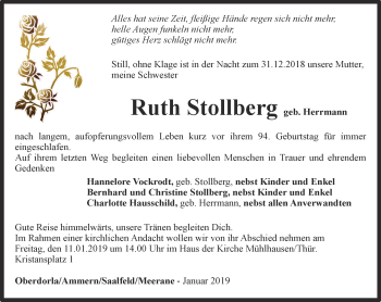 Traueranzeige von Ruth Stollberg von Thüringer Allgemeine, Thüringische Landeszeitung