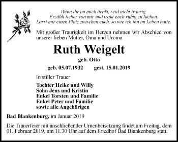 Traueranzeige von Ruth Weigelt von Ostthüringer Zeitung