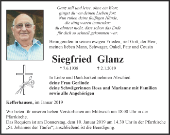 Traueranzeige von Siegfried Glanz von Thüringer Allgemeine