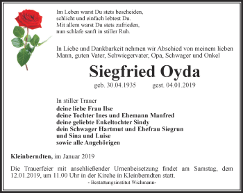 Traueranzeige von Siegfried Oyda von Thüringer Allgemeine