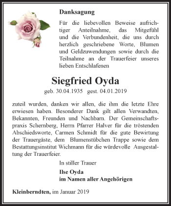 Traueranzeige von Siegfried Oyda von Thüringer Allgemeine