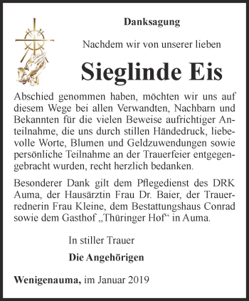 Traueranzeige von Sieglinde Eis von Ostthüringer Zeitung