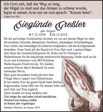 Traueranzeige von Sieglinde Greßler von Ostthüringer Zeitung, Thüringische Landeszeitung