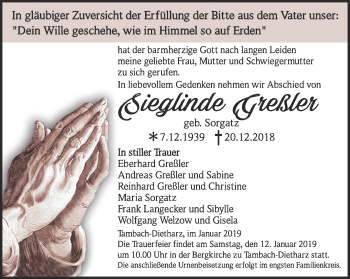 Traueranzeige von Sieglinde Greßler von Ostthüringer Zeitung, Thüringische Landeszeitung