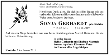 Traueranzeige von Sonja Gerhardt von Ostthüringer Zeitung