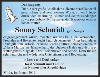 Traueranzeige von Sonny Schmidt von Ostthüringer Zeitung, Thüringische Landeszeitung