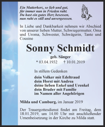 Traueranzeige von Sonny Schmidt von Ostthüringer Zeitung, Thüringische Landeszeitung