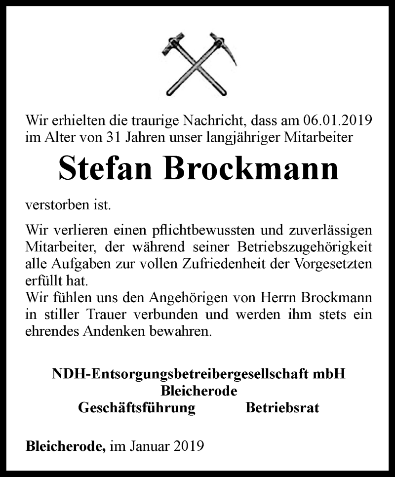  Traueranzeige für Stefan Brockmann vom 16.01.2019 aus Thüringer Allgemeine