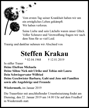 Traueranzeige von Steffen Krakau von Thüringer Allgemeine