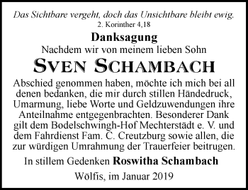 Traueranzeige von Sven Schambach von Ostthüringer Zeitung, Thüringische Landeszeitung