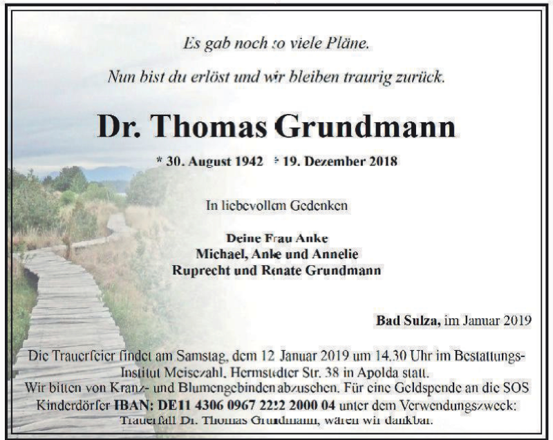  Traueranzeige für Thomas Grundmann vom 05.01.2019 aus Thüringer Allgemeine, Thüringische Landeszeitung