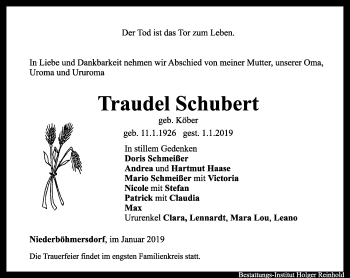 Traueranzeige von Traudel Schubert von Ostthüringer Zeitung