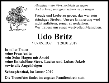 Traueranzeige von Udo Britz von Ostthüringer Zeitung, Thüringische Landeszeitung