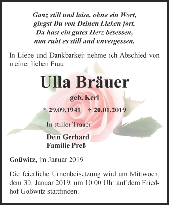 Traueranzeige von Ulla Bräuer von Ostthüringer Zeitung