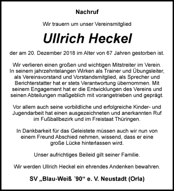 Traueranzeige von Ullrich Heckel von Ostthüringer Zeitung