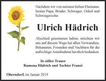 Traueranzeige von Ulrich Hädrich von Ostthüringer Zeitung