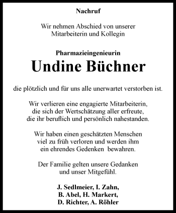 Traueranzeige von Undine Büchner von Ostthüringer Zeitung