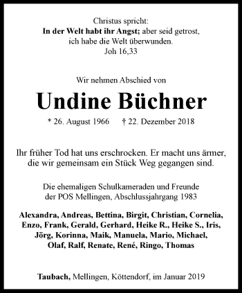 Traueranzeige von Undine Büchner von Thüringer Allgemeine, Thüringische Landeszeitung