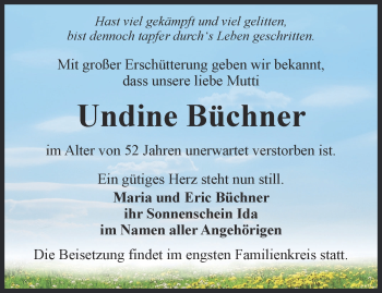 Traueranzeige von Undine Büchner von Thüringer Allgemeine, Thüringische Landeszeitung