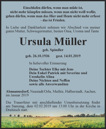 Traueranzeige von Ursula Müller von Ostthüringer Zeitung