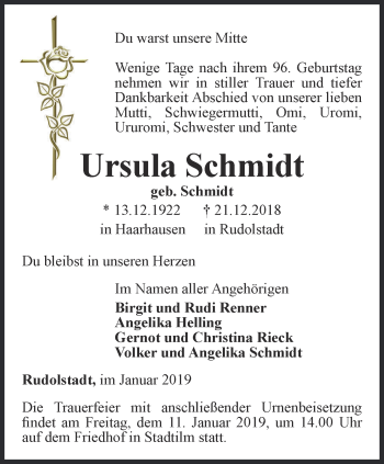 Traueranzeige von Ursula Schmidt von Thüringer Allgemeine