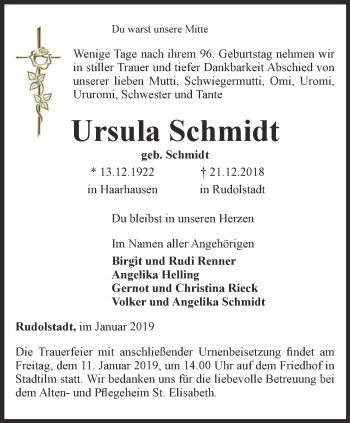 Traueranzeige von Ursula Schmidt von Ostthüringer Zeitung