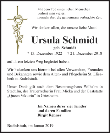 Traueranzeige von Ursula Schmidt von Thüringer Allgemeine