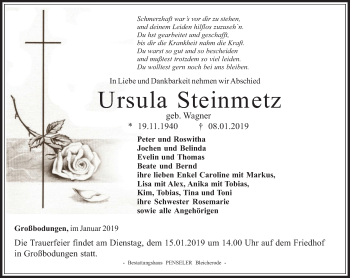 Traueranzeige von Ursula Steinmetz von Thüringer Allgemeine