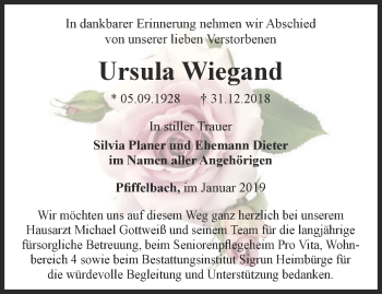 Traueranzeige von Ursula Wiegand von Ostthüringer Zeitung