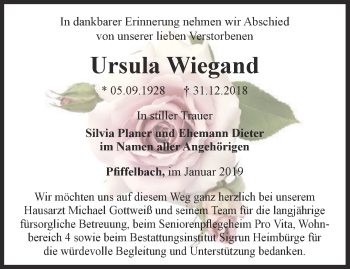 Traueranzeige von Ursula Wiegand von Thüringer Allgemeine, Thüringische Landeszeitung