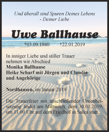Traueranzeige von Uwe Ballhause von Thüringer Allgemeine