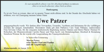 Traueranzeige von Uwe Patzer von Ostthüringer Zeitung, Thüringische Landeszeitung