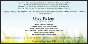Traueranzeige von Uwe Patzer von Thüringer Allgemeine, Thüringische Landeszeitung