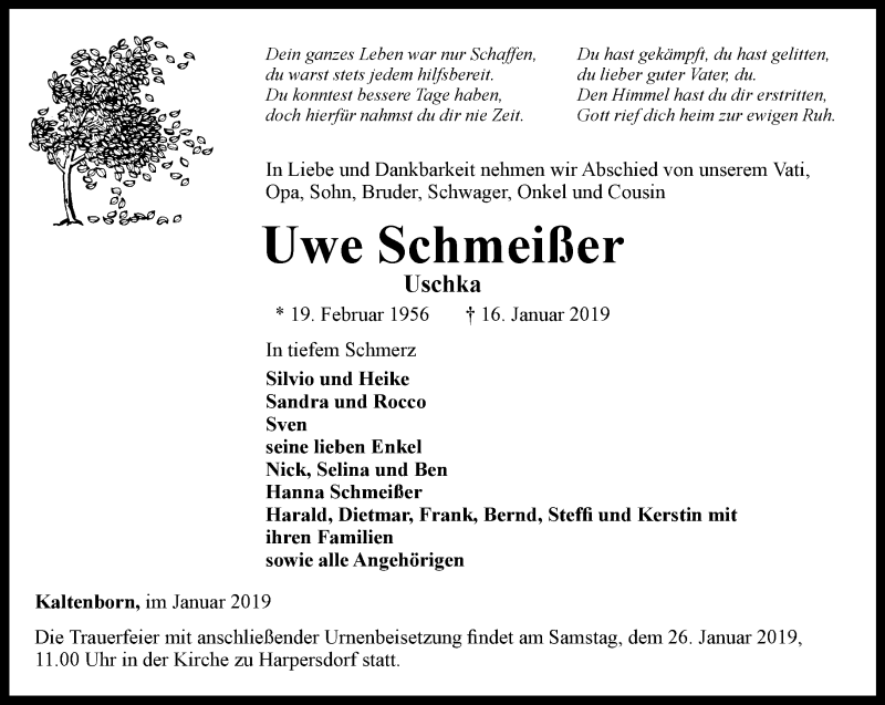  Traueranzeige für Uwe Schmeißer vom 19.01.2019 aus Ostthüringer Zeitung