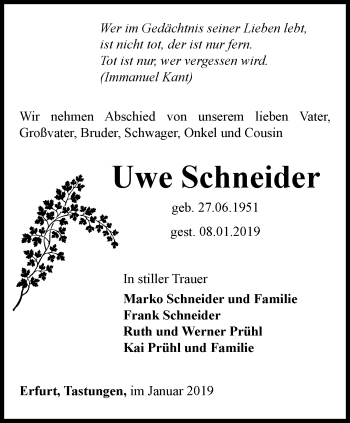 Traueranzeige von Uwe Schneider von Thüringer Allgemeine