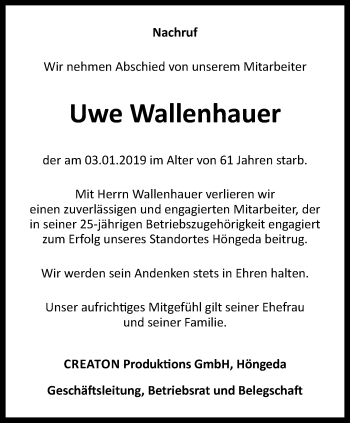 Traueranzeige von Uwe Wallenhauer von Thüringer Allgemeine, Thüringische Landeszeitung