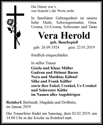 Traueranzeige von Vera Herold von Thüringer Allgemeine, Thüringische Landeszeitung