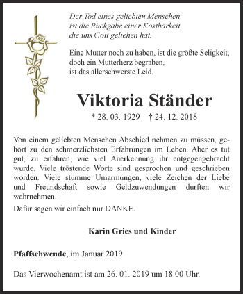 Traueranzeige von Viktoria Ständer von Thüringer Allgemeine